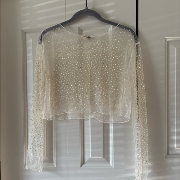 Bear Dance Tops - Bear Dance White Sheer Rhinestone Crop Hoodie